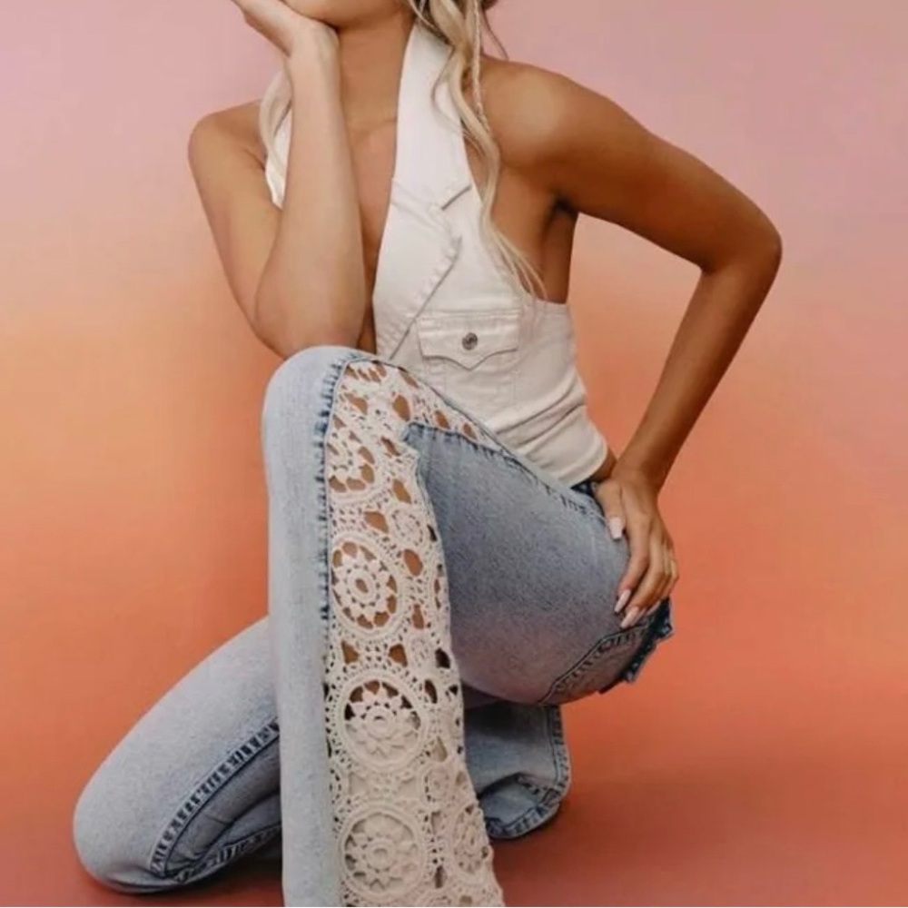 True Religion Light Blue Crochet Detail Jeans